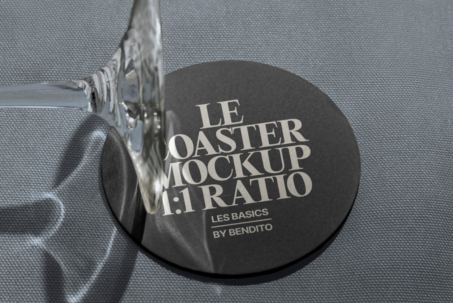 Round coaster mockup with glass, showcasing realistic texture and typography for design presentations. Ideal for graphics, templates, and branding projects.