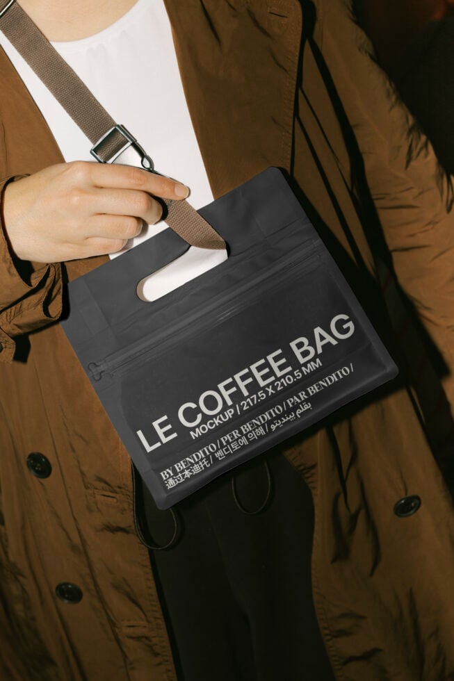 Mockup of a hand holding a black coffee bag with a strap in an urban setting. Perfect for designers seeking stylish packaging visuals.