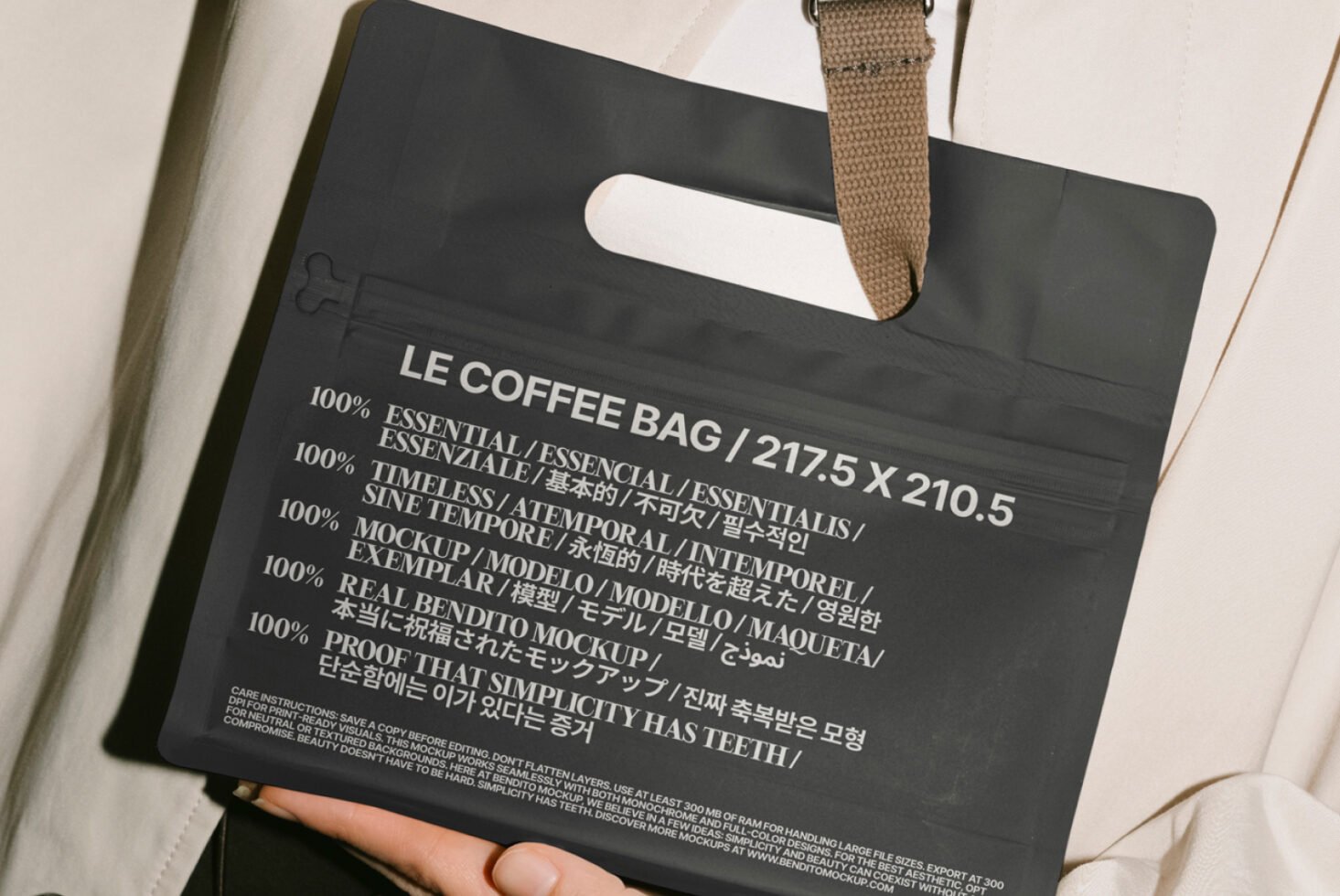 Digital mockup of black coffee bag with multilingual text for designers. Essential for packaging design templates. Perfect for creative projects
