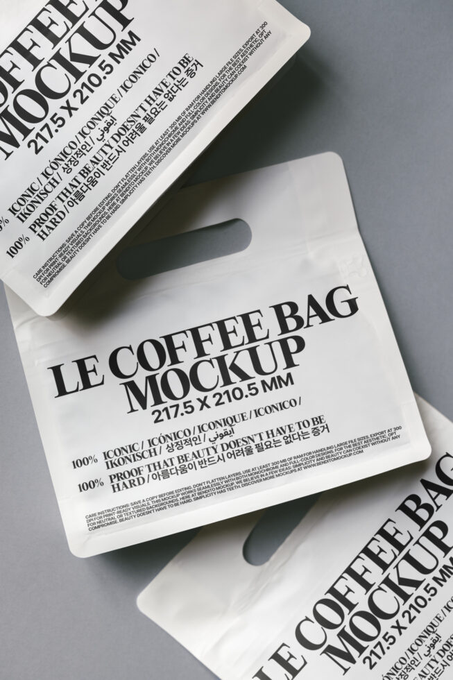 Coffee bag mockup design with bold typography, showcasing customizable template dimensions 217.5 x 210.5 mm, ideal for packaging designers.