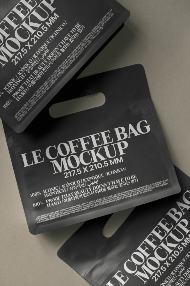 Coffee bag package mockup for designers featuring black packaging with white text details. Perfect for branding presentations and product displays.