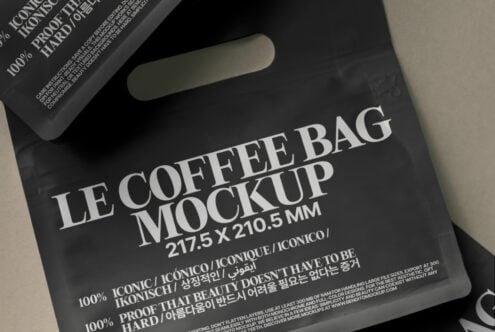 Close-up of a black coffee bag mockup with white text, highlighting its dimensions and multilingual design. Ideal for graphic and packaging designers.