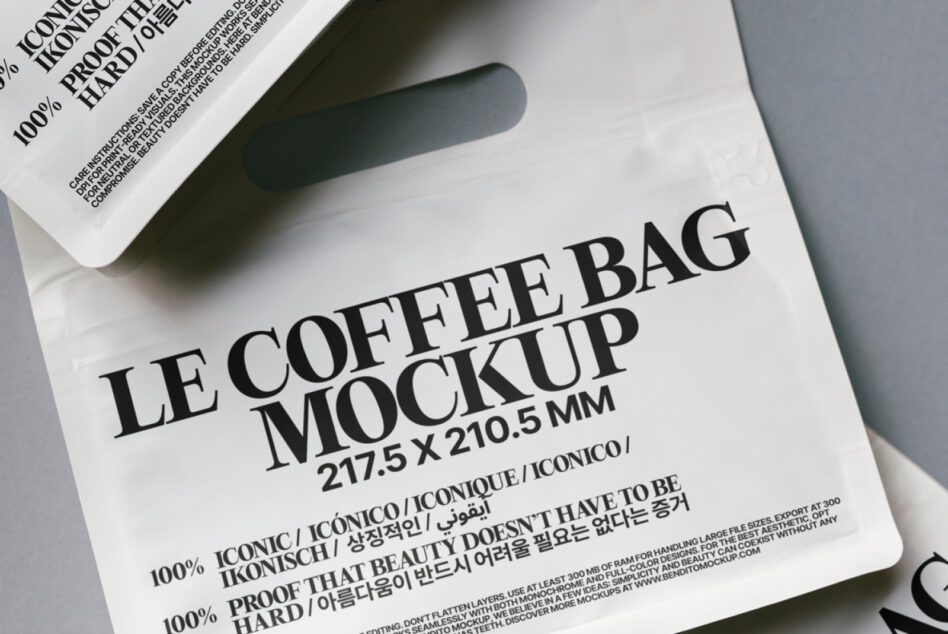 White coffee pouch mockup stacked presentation with specs on light gray backdrop