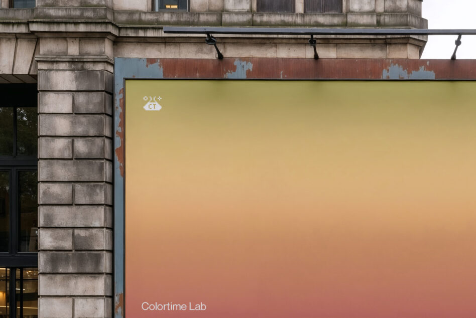 Rustic mockup of a large building billboard with gradient hues of yellow and red. Ideal for designers seeking urban-themed visuals or advertising layout.