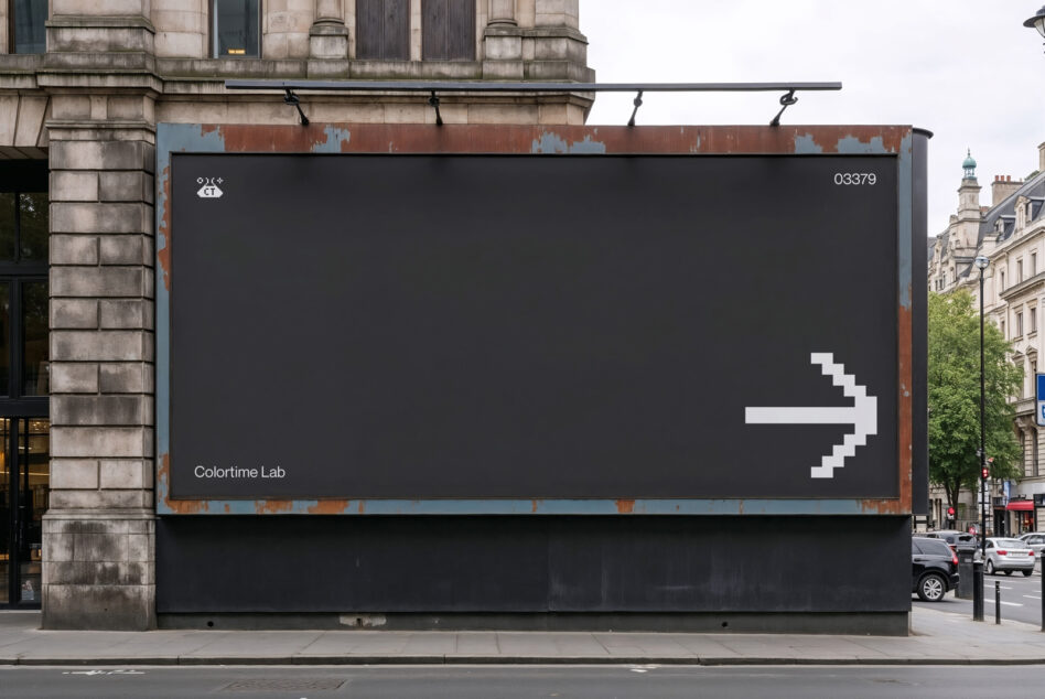 Urban billboard mockup with blank black surface and digital arrow design. Ideal for advertisement, showcasing graphics, templates, and creative projects.