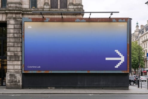 Urban billboard mockup with gradient blue background and pixelated arrow, ideal for showcasing design projects in city environments.