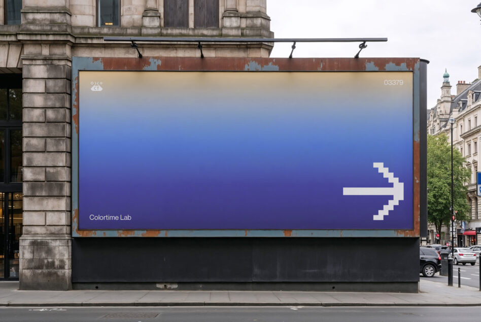 Urban billboard mockup with gradient blue background and pixelated arrow, ideal for showcasing design projects in city environments.
