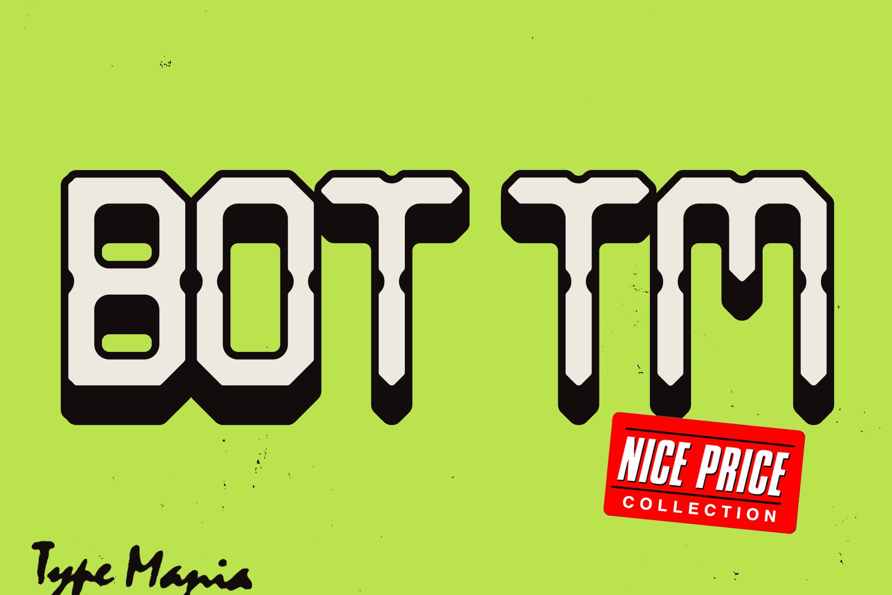 Bold geometric font design on lime green background featuring BOT TM and Nice Price Collection. Ideal for Typography Templates in digital design.