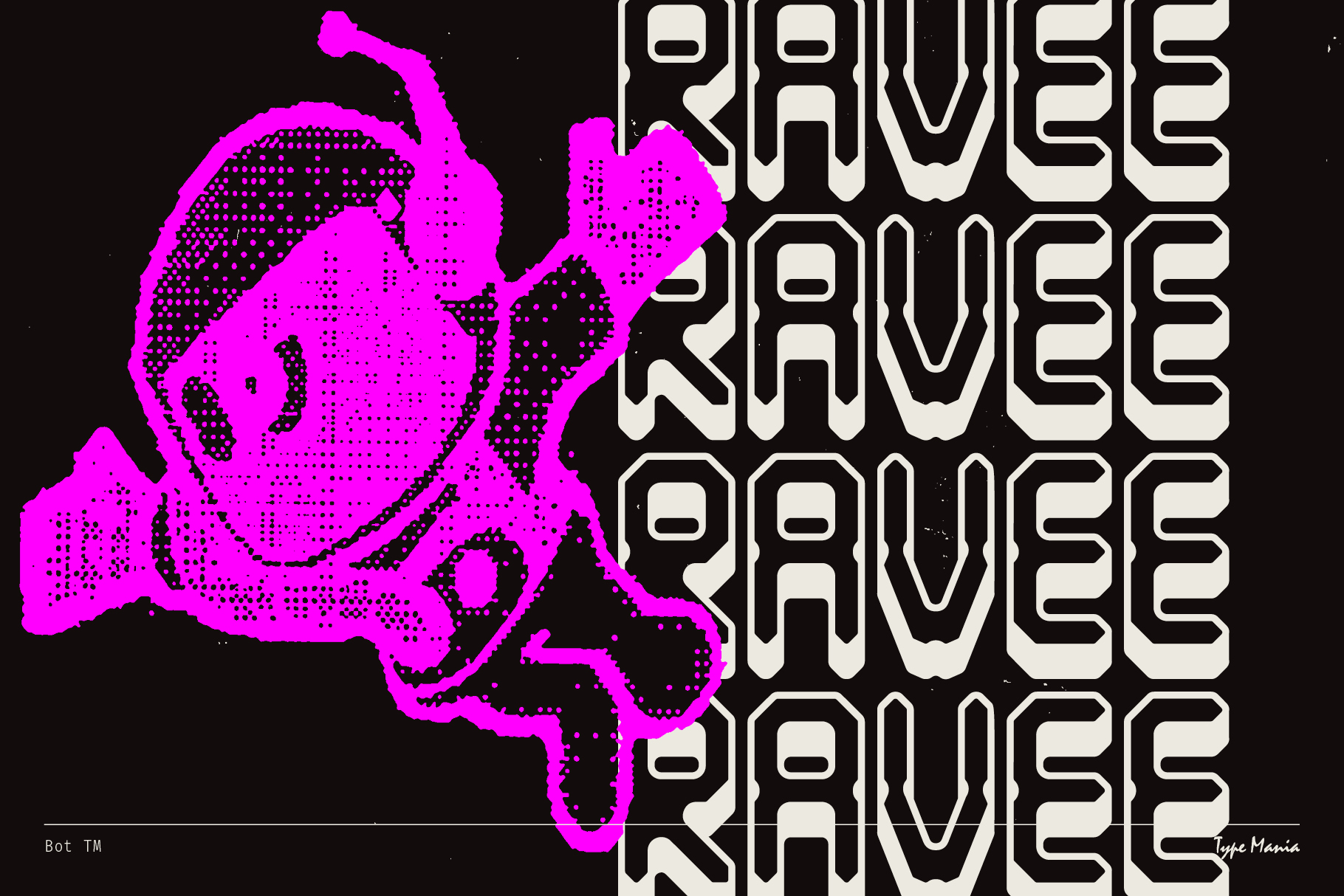 Digital art with neon pink robot, bold lettering repeating Ravee, futuristic style. Ideal for design templates, vibrant graphics, typography projects.