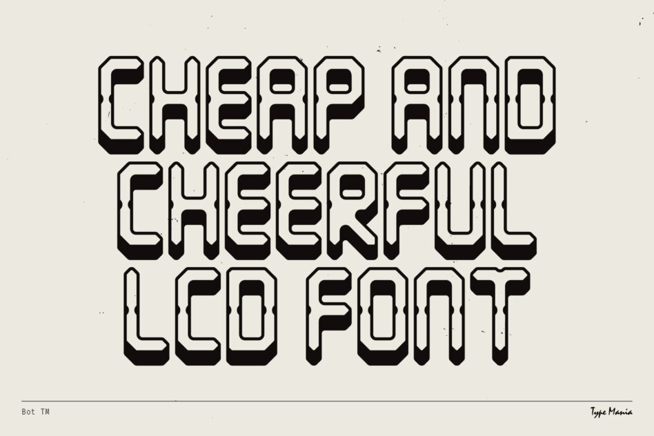 Bold outlined cheap or cheekpul lcd font text on neutral beige