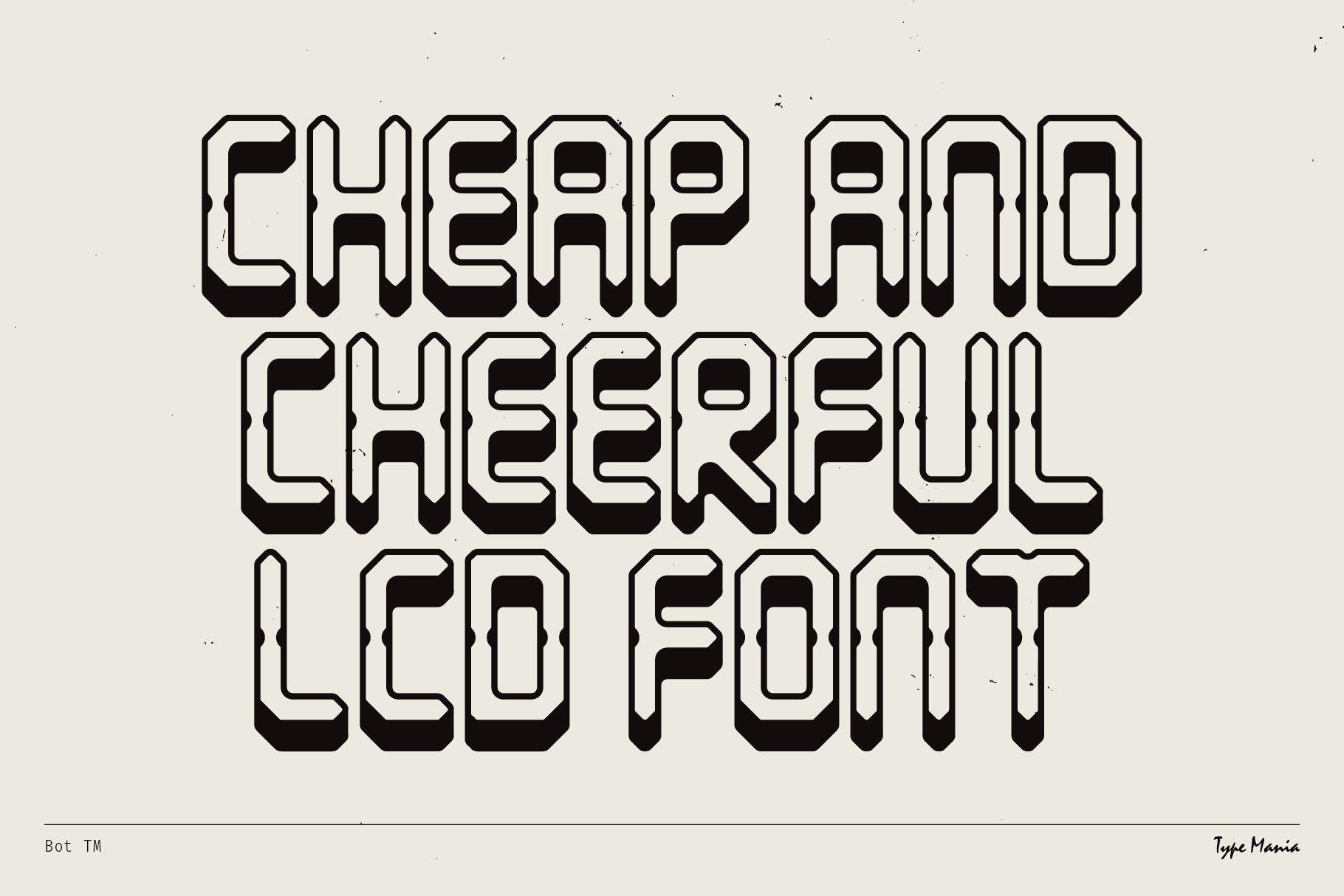 Bold 3D display font spelling Cheap and Cheerful LCD Font suitable for retro graphic design. Perfect for designers seeking unique typography assets.