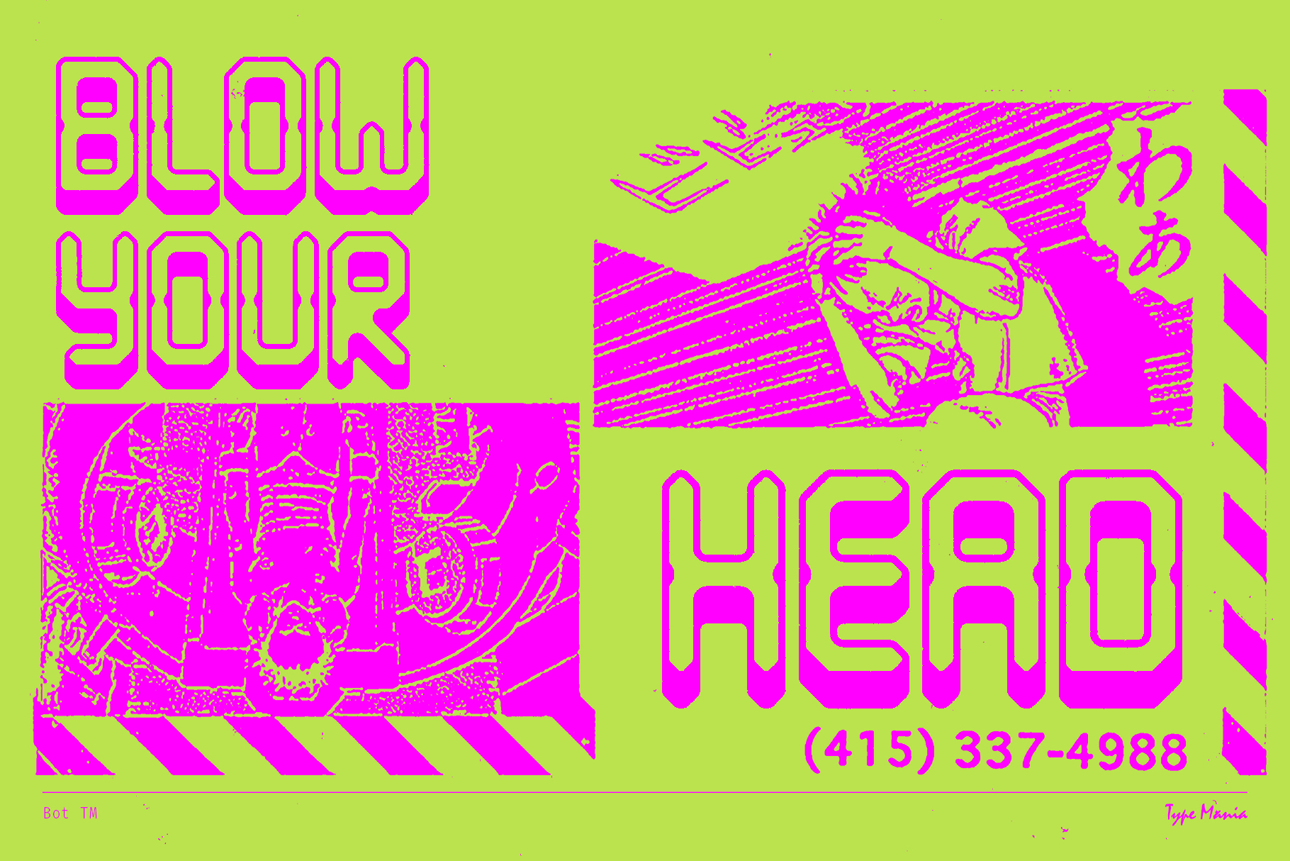Pink and green graphic with bold text Blow Your Head, anime style character, and retro design elements. Suitable for digital graphics or typography.