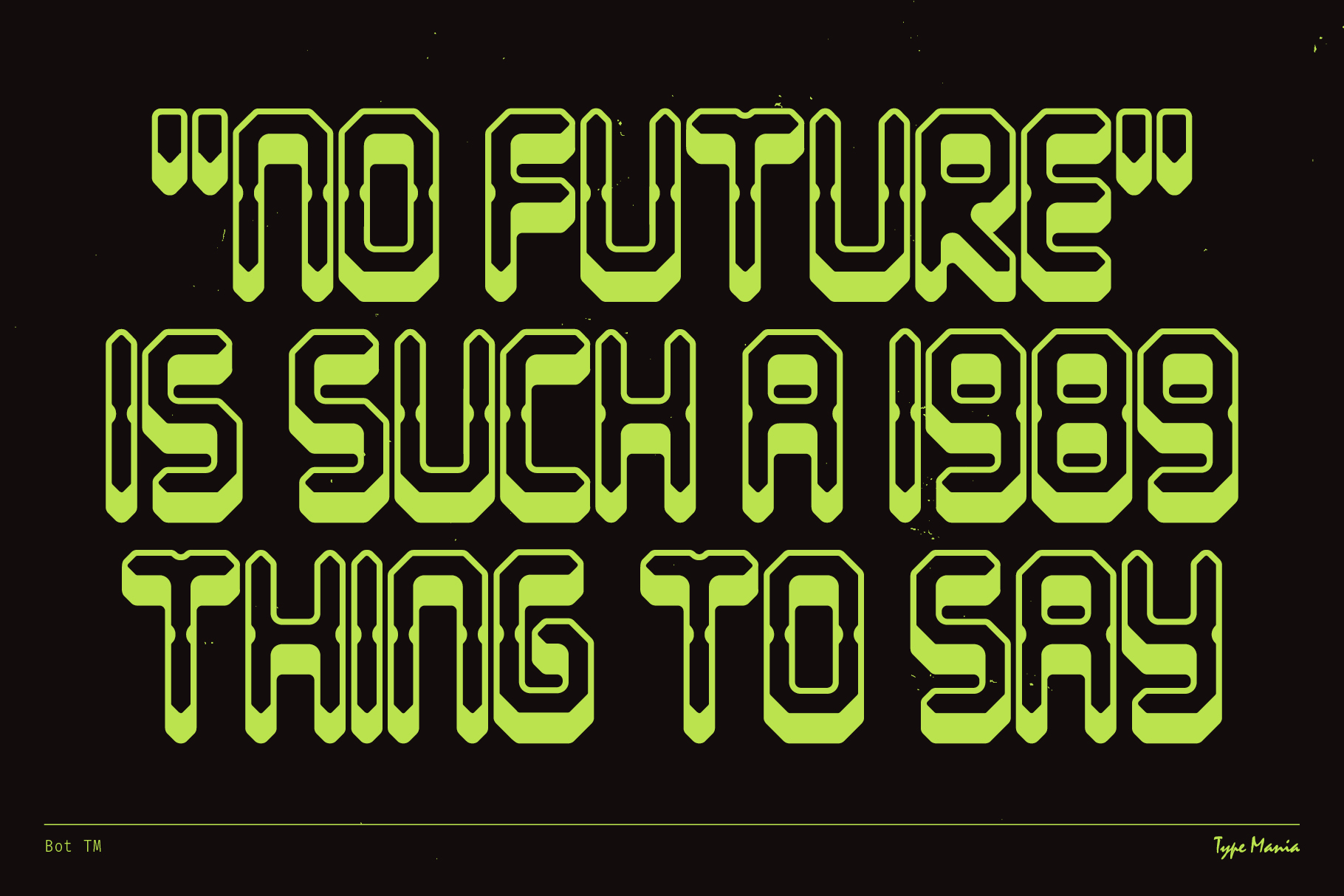 Bold neon green futuristic font design on black background with the text No Future. Perfect for modern graphic design projects and typography.