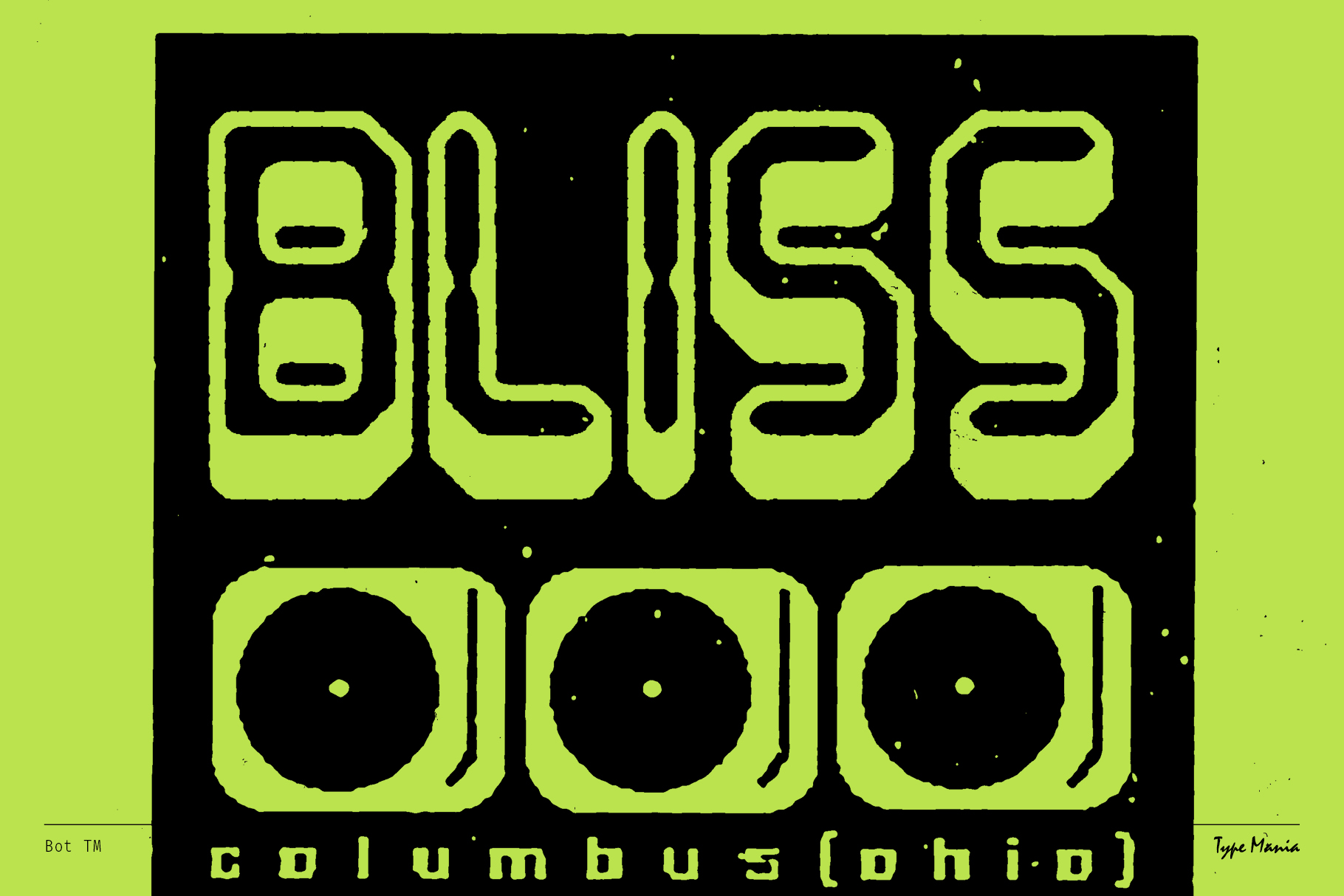 Futuristic geometric font design featuring bold letters spelling Bliss with circles below in neon green and black, perfect for edgy design projects.