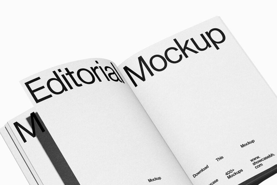 Open editorial magazine mockup with minimal design suitable for showcasing typography and layout to designers. Ideal for print design templates.