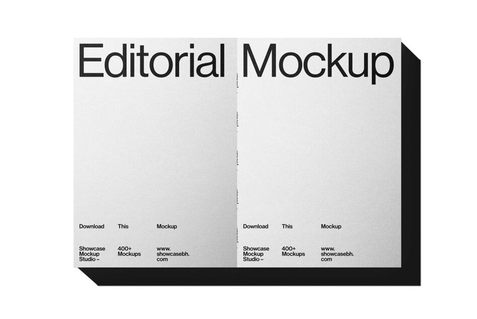 Neutral gray spread mockup with black shadow, open page design