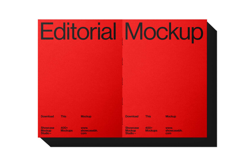 Bright red spread mockup with black shadow, editorial layout template