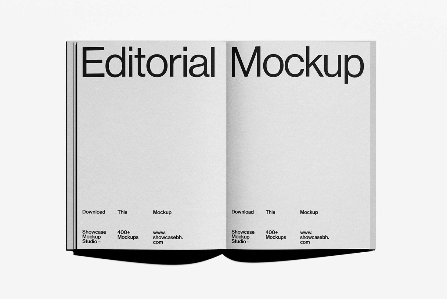 Light gray hardcover book mockup opened flat, minimalist layout