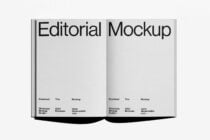 Light gray hardcover book mockup opened flat, minimalist layout