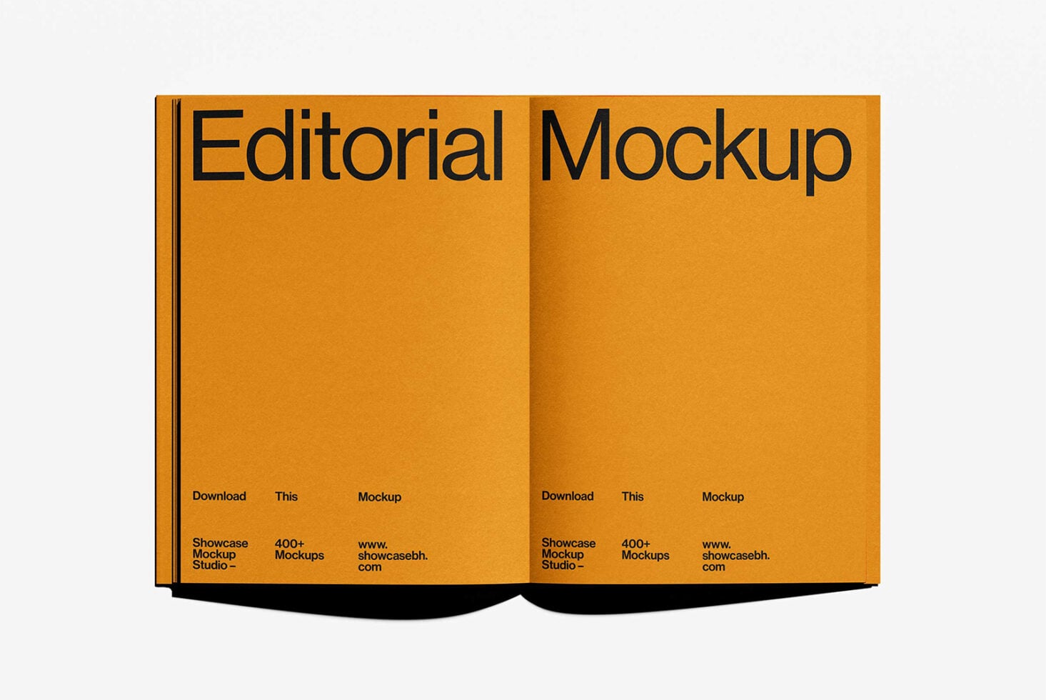 Golden yellow open book mockup with stitched spine, curved pages