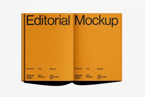 Open magazine mockup with orange pages and bold black text. Ideal for showcasing editorial designs and layouts. Perfect for graphic and web designers.