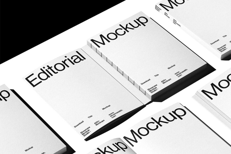 Isometric stack of white magazine mockups with Editorial text on cover