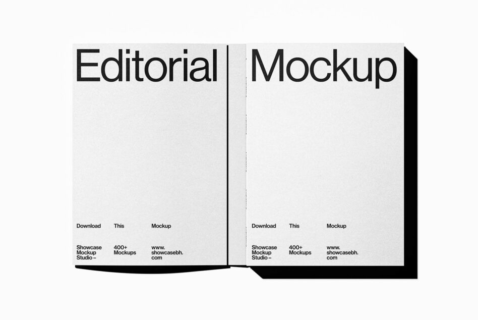 Open white hardcover book mockup with black Editorial Mockup text spread