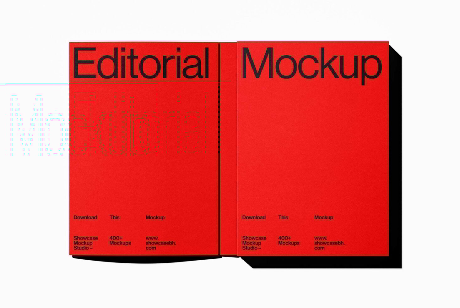 Red editorial mockup showcasing two open pages with bold black text ideal for designers. Perfect for showcasing magazine or book layouts.