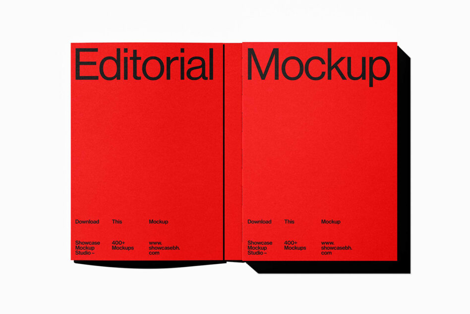 Open red hardcover book mockup with black Editorial Mockup text spread