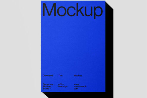 Blue poster mockup design template with bold text perfect for showcasing branding material in digital format. Ideal for graphic designers and marketers.
