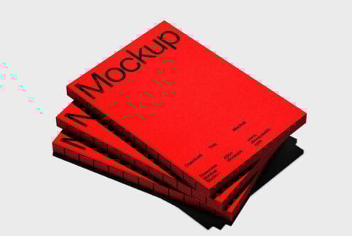 Red stack of book mockup on white background suitable for showcasing designs featuring bold typography. Ideal for digital assets designers.