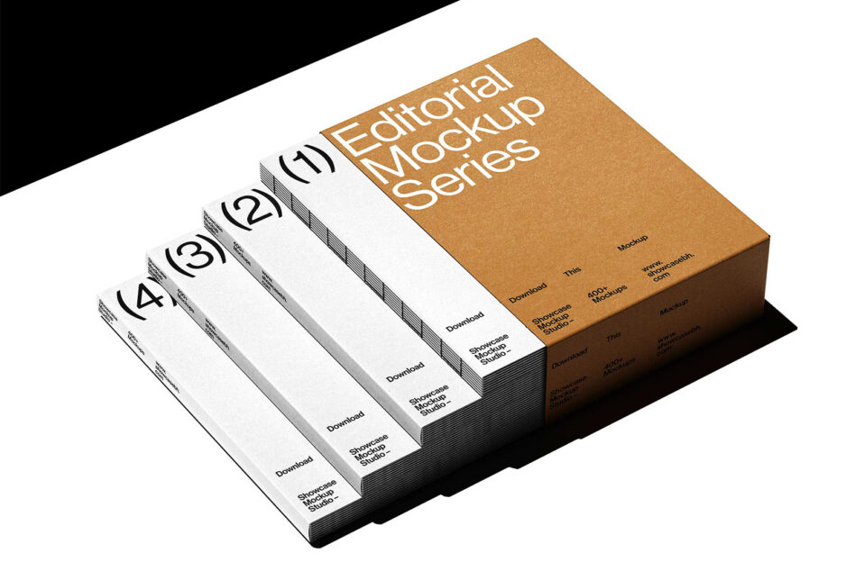 Editorial mockup series stacked with white spines numbered 1 to 4. Brown cover features bold text. Perfect for showcasing graphic design templates.