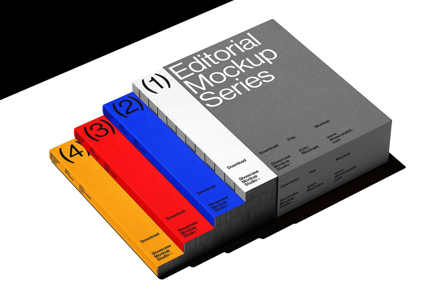 Stacked book mockups in yellow, red, blue, white, gray showing numbered covers 1-4