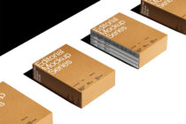 Multiple tan book mockups displayed in isometric layout with interior pages showing
