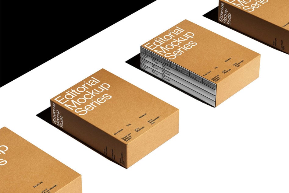 Multiple tan book mockups displayed in isometric layout with interior pages showing