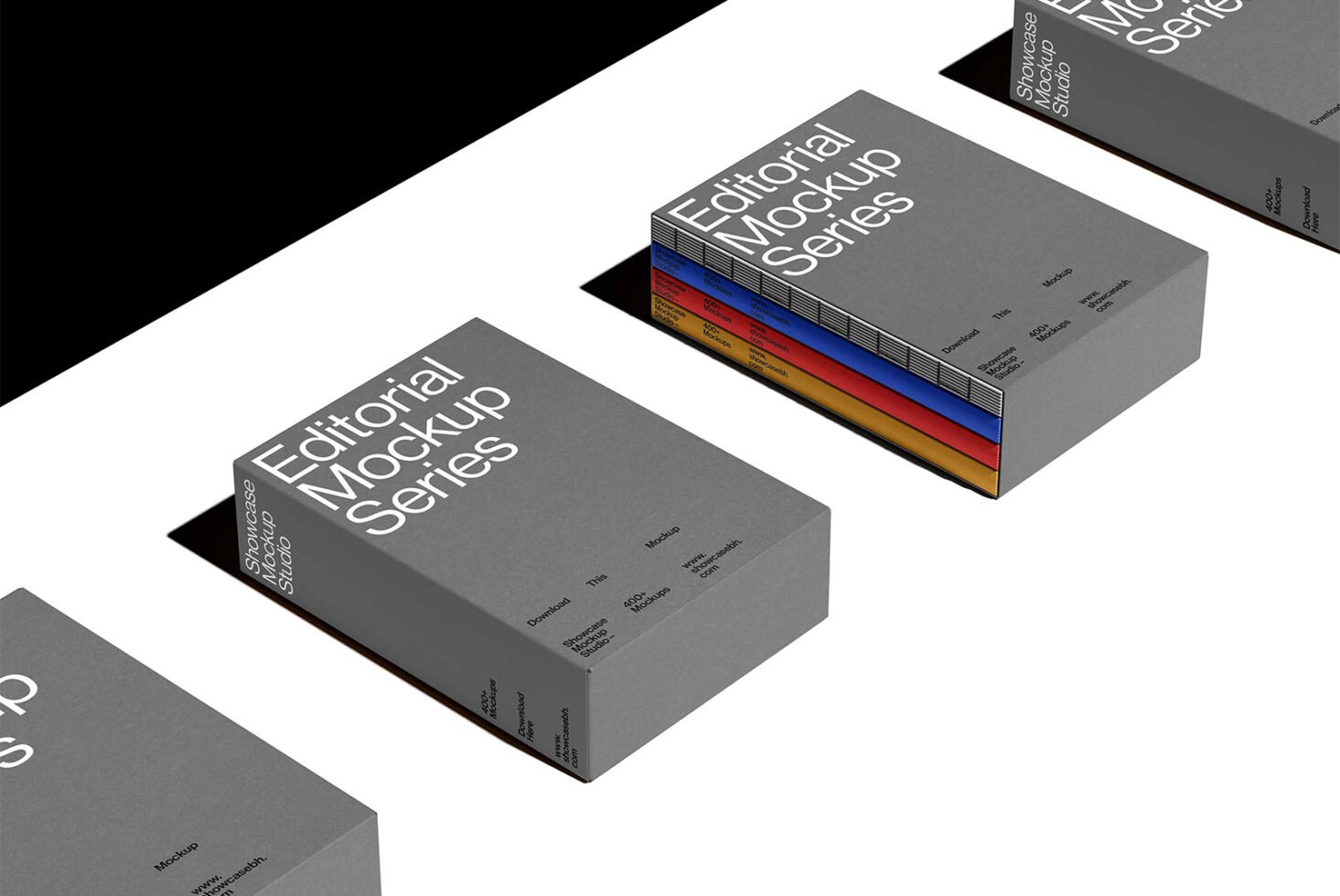 Editorial mockup series with stacked books in gray, showcasing vibrant spines. Perfect for designers seeking modern digital assets and book templates.