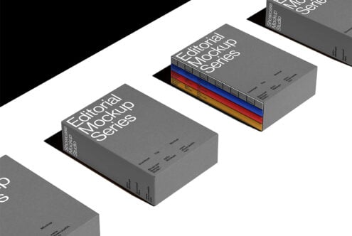 Editorial mockup series with stacked books in gray, showcasing vibrant spines. Perfect for designers seeking modern digital assets and book templates.
