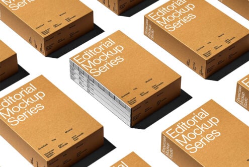 Editorial mockup series with stacked brown boxes featuring bold white text for graphic designers showcasing templates and packaging design concepts.