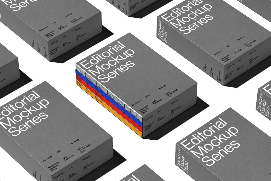 Grid of gray book mockups with one showing multicolor spine detail in center