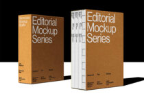 Tan hardcover book box set with three white volumes stacked inside on black background