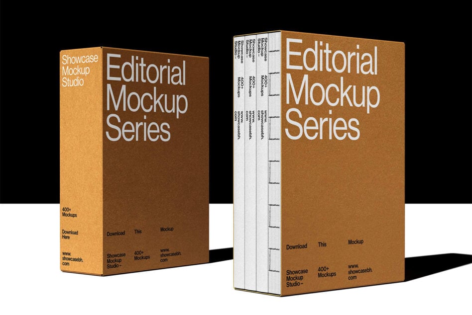 Tan hardcover book box set with three white volumes stacked inside on black background