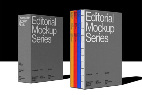 Editorial Mockup Series showcasing two boxes with colorful spines; perfect for designers seeking high-quality mockups for editorial projects and presentations.