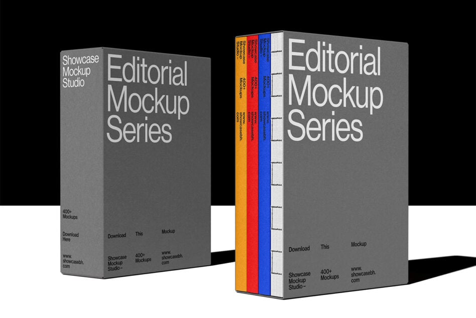 Gray hardcover book box set with four colored volumes yellow red blue white inside