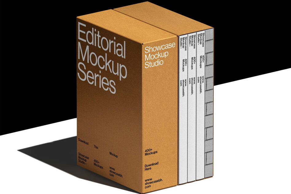 Kraft cardboard box mockup with white book spines fanned out on side