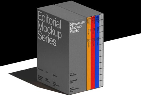 Editorial Mockup Series box featuring a collection of 400 mockups in brown, blue, red, yellow spines. Ideal for designers seeking high-quality templates.