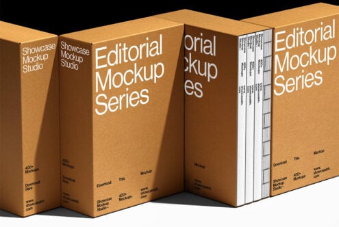 Editorial Mockup Series packaging with bold white text on brown boxes includes 400 plus mockups suitable for design projects templates and graphics