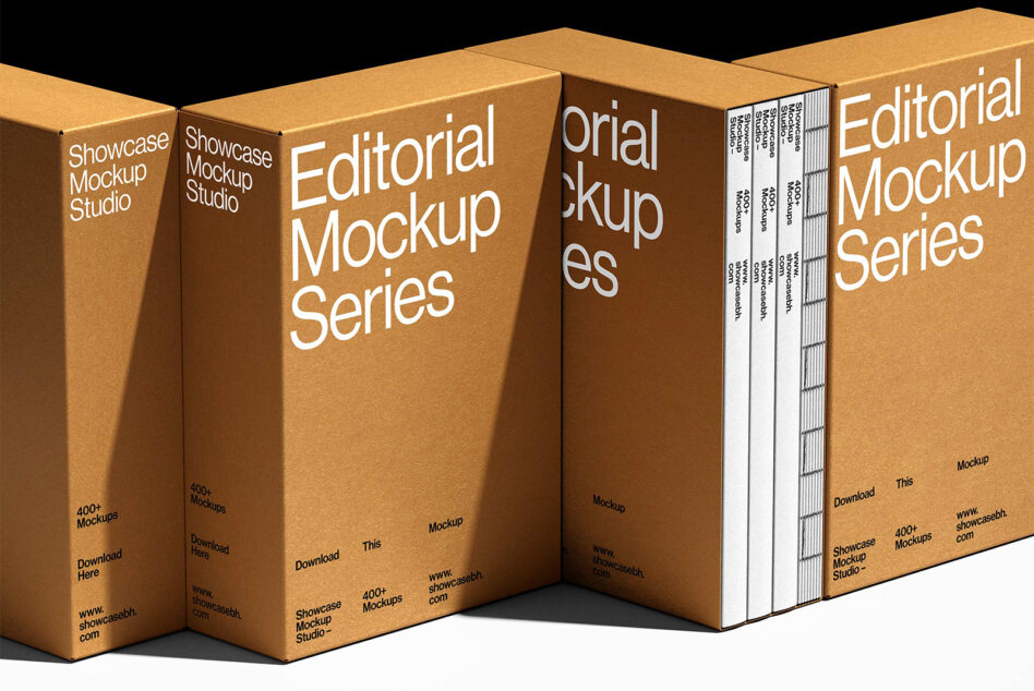 Multiple kraft boxes in perspective view showing white book spines between them