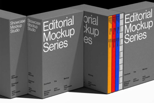 Editorial mockup series showcasing sleek grey boxes with bold white text ideal for designers. Includes colorful spines, perfect for branding presentations.