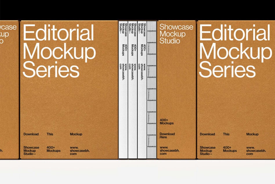 Kraft boxes in row displaying white book spines with colored sections visible