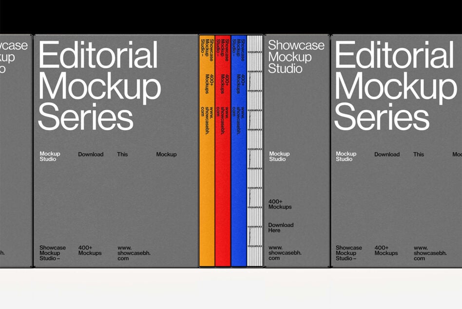 Gray boxes lined up showing white book spines with yellow red blue accents